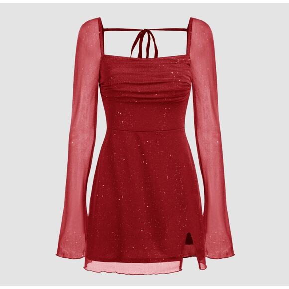 Cider Sparkle Red Mini Dress Square Neck Sheer Sleeves L - Picture 4 of 7